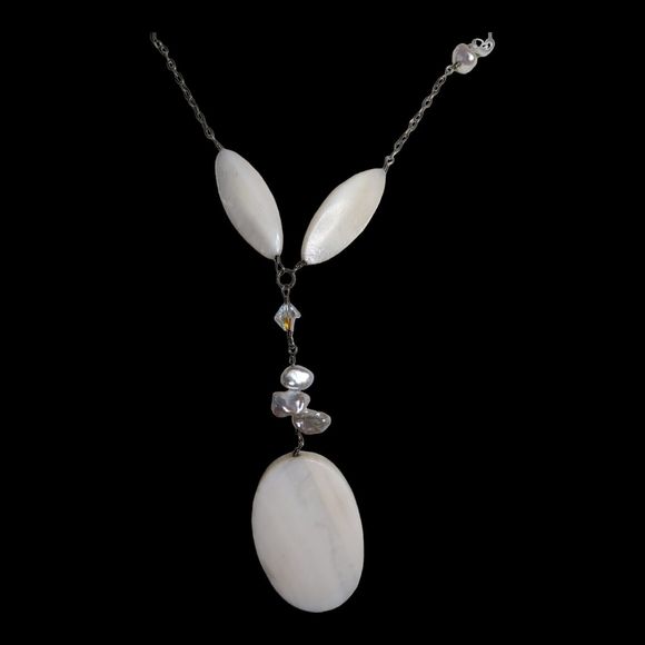 Vintage Aurora Borealis Crystal Pearl  and White Agate Drop Necklace Y-Necklace - Picture 12 of 12